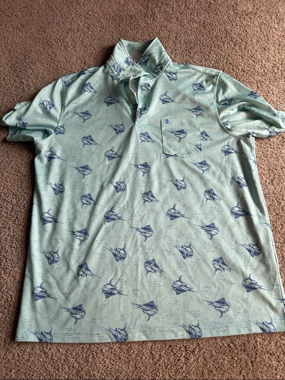 Izod Seafoam Polo with Navy Fish Print swordfish marlin